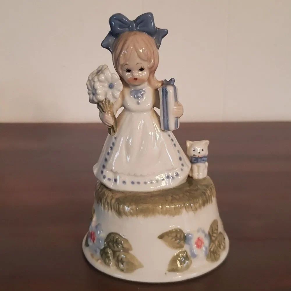 Cute Vintage Little Girl with Kitten Porcelain Music Box